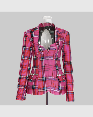 Pastel Backless Plaid Coat for Women - Spring Autumn Single Breasted